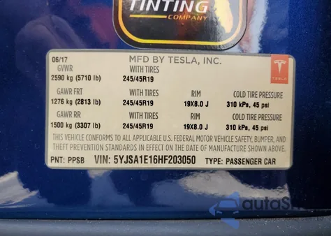 2017 Tesla Model S z USA, uszkodzony, nr VIN 5YJSA1E16HF203050